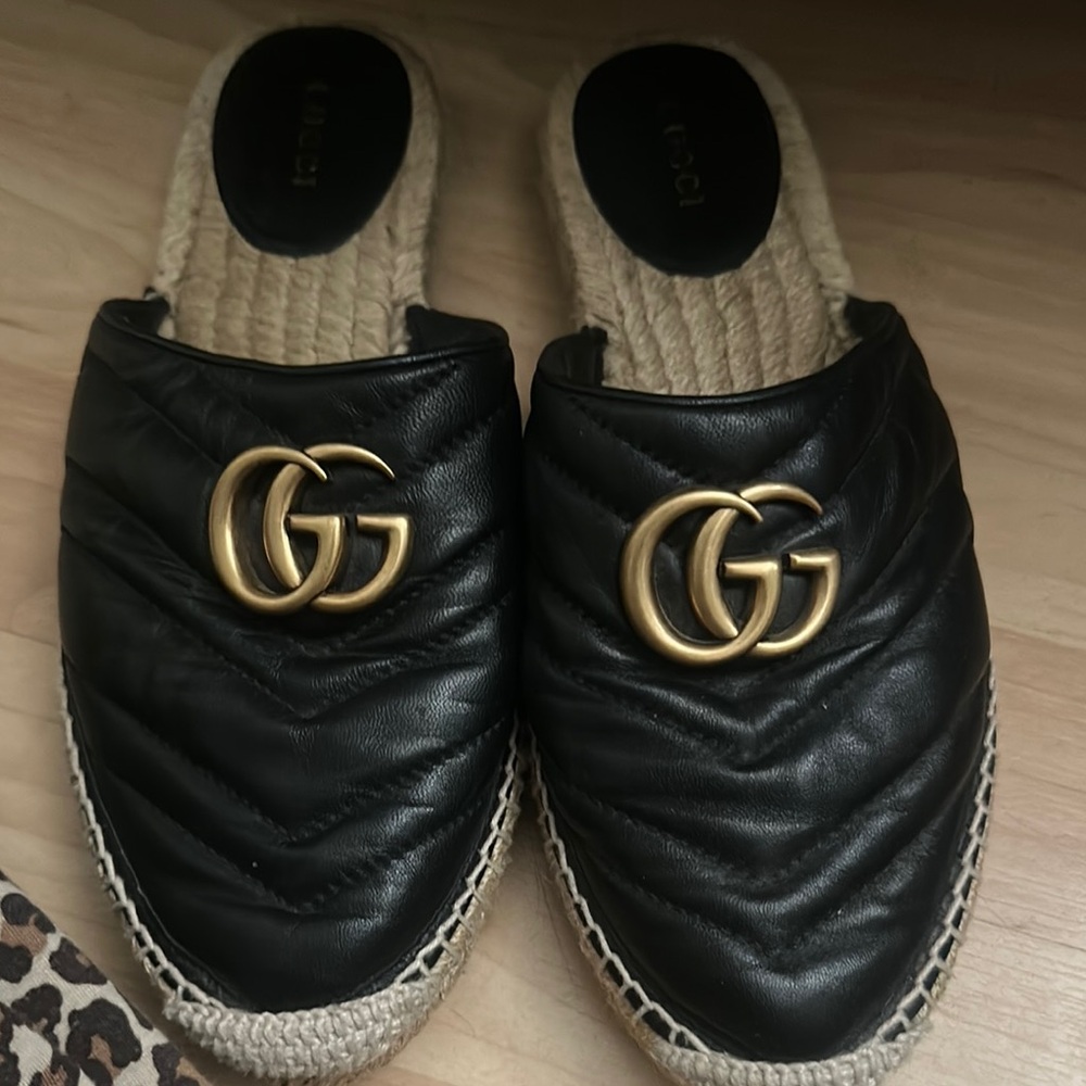Gucci Black and Gold Espadrille Shoes with Quilted Leather